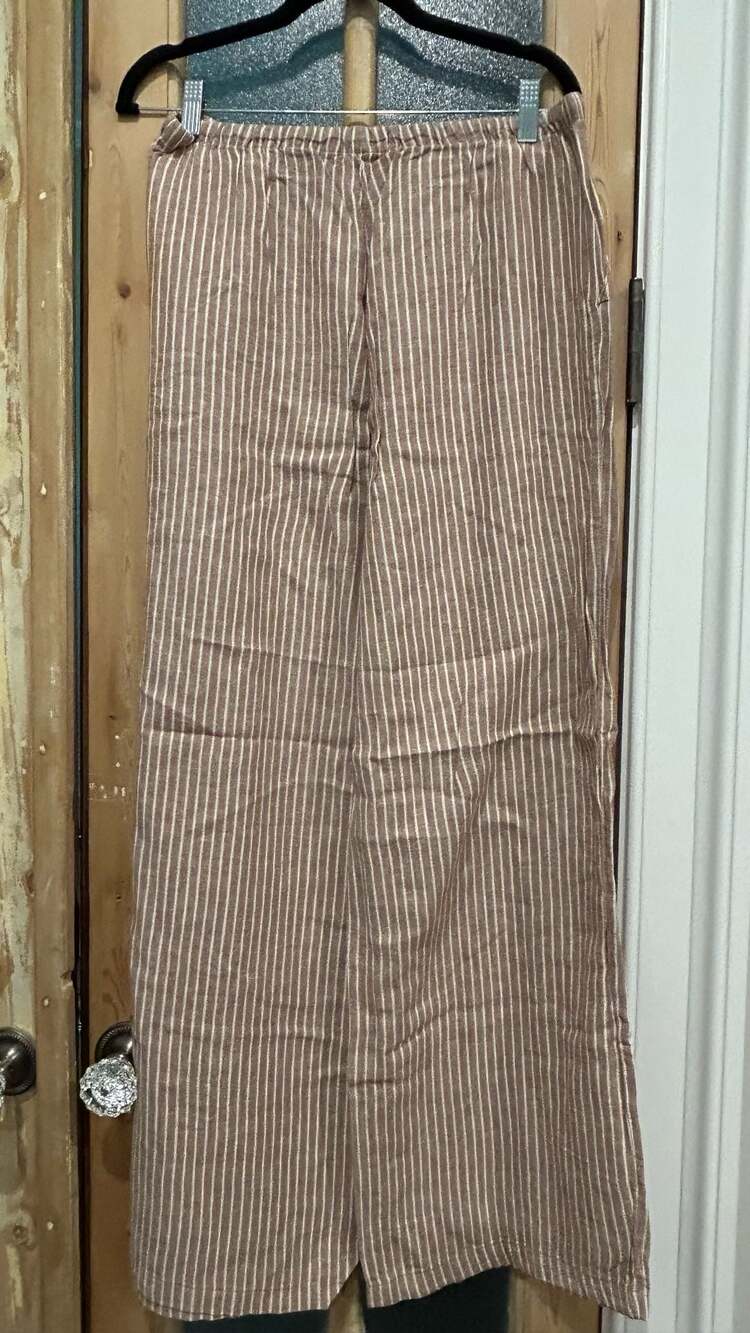 B.Young Striped Linen Pants Size 8(M) Brown White Drawstring Wide Leg